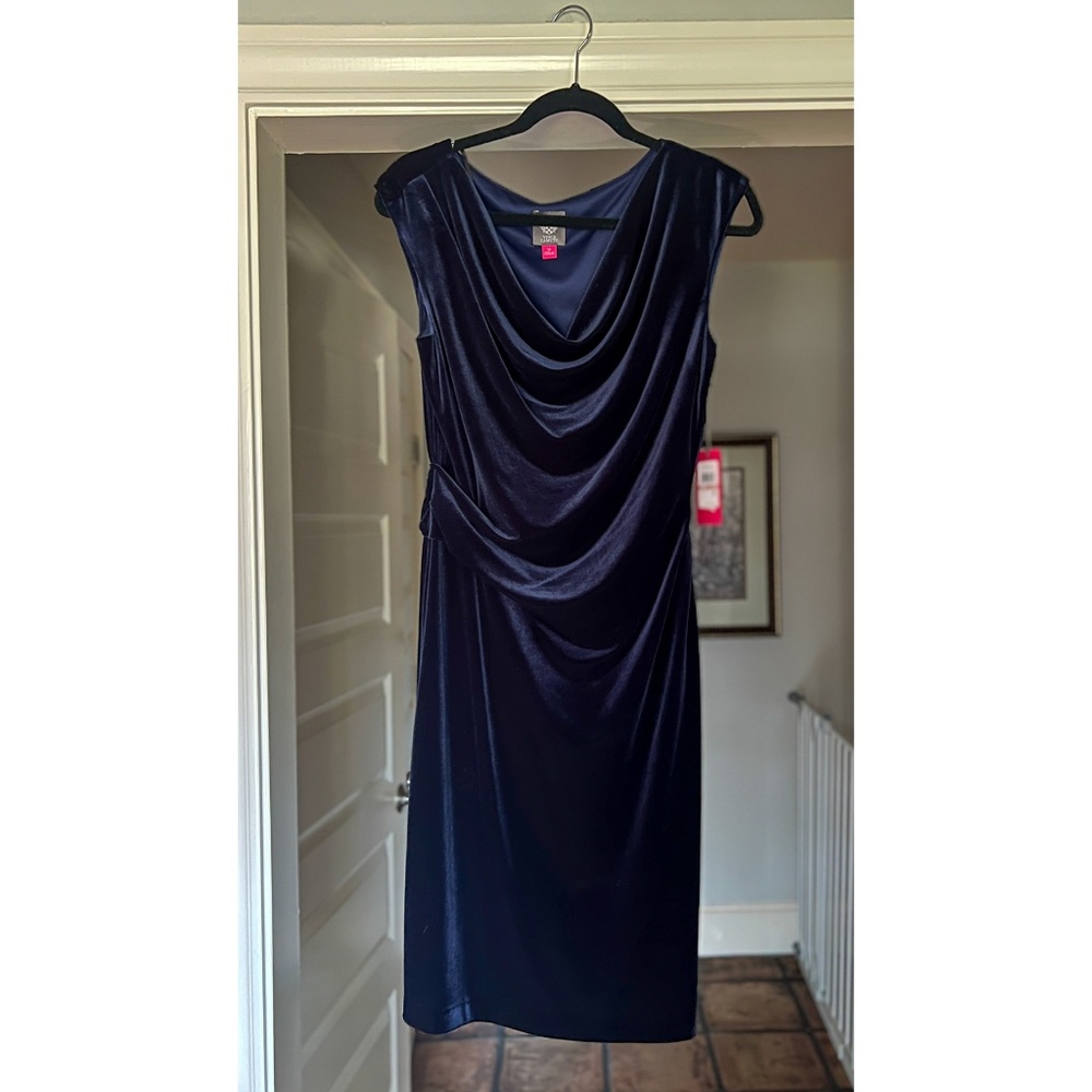 Vince Camuto Navy Blue Velvet Cowl Neck Sheath Dress - Perfect for the Holidays!